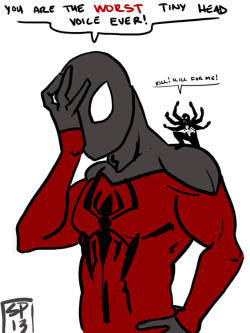 Ai Apaec decides to mentor Kaine in the ways of Spider-Persondom. His advice is very hit-or-miss. Done by Drawfriend, SP.