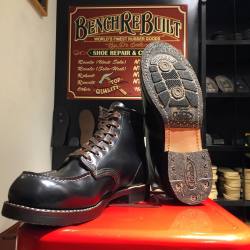 originaldrsole:  #RedWing #IrishStter 9874 resoled from original traction tred soles to #1093 burlap half soles of Dr. Sole Originals. The customer wants these to look like the 110th #2015 Huntsman boots.  The result turns out great 😊 #BenchReBuilt