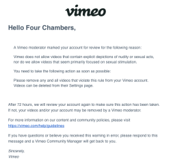 fourchambers:  So, sadly we are kind of stuck in purgatory at the moment. There’s a good possibility that our videos might disappear from all over the internet if the Vimeo gods decide it so. The idea of loosing everything is pretty heartbreaking after