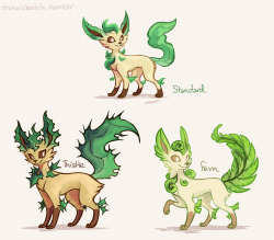 etchersketch:  Leafeon Subspecies / VariationsDepending on the location of the Moss Rocks required to trigger evolution in an Eevee, a Leafeon can develop into many diverse forms. Thistle Leafeon: A larger variation of the Standard Leafeon. While no