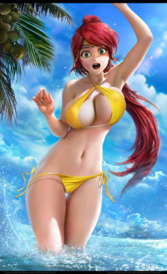 aleskaart:   Pyrrha Nikos from RWBY in summer bikiniThis time the original lineart was done by an amazing artist Ale Halexxx (Twitter,  Gumroad), and i did coloring and rendering. High-Res, alternative versions, layered PSD and WIP-series are avaliable