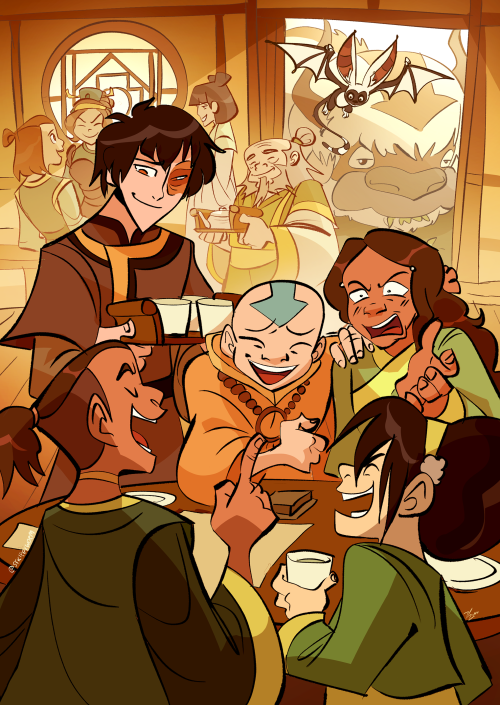 stripeyworm:Drew the Gaang hanging out at Iroh’s teashop!! They deserve happinessThis is my full piece for @pichikui and @ngoziu‘s ATLA charity zine!! So honoured to have been a part of it among so many amazing people ;0;Check it out! You can still