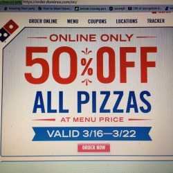 h3uglyass:bethanythebear:m-lissa:Guys! Domino’s is now offering this coupon- 50% off all pizzas when you order online! It’s not much, but if you’re always super tight on money like me and your cupboards are bare… You can get a small pizza for