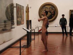 grateful-kitty:  relijion:  A naked Spanish man throws flower petals at the picture of the Birth of Venus by Botticelli    I love you 