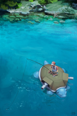 catandcrown:  butt-berry: Out fishing with Blastoise  Art like this is wonderful because it adds more everyday realism to the pokemon world. Love it :) 