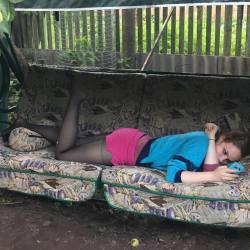 My nephew, 18 taking rest in the garden , wearing black sheer pantyhose. I&rsquo;d love to shoot her for pro-kolgotki, but my wife says NO because doesn&rsquo;t want to spoil family relations 