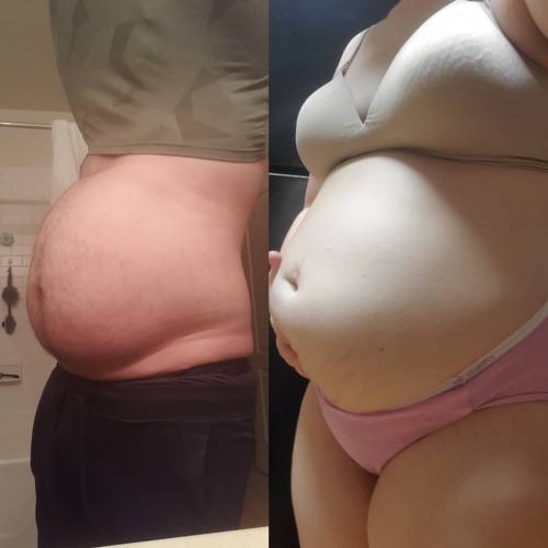 alphastuffers:  It hasn’t been a month since we moved in with each other and we are already noticing some gains haha!!! Much more to come!! thanks to those who support us and sponsor stuffings y'all are the best😘😘 #bellystuffing #feederism #feedee