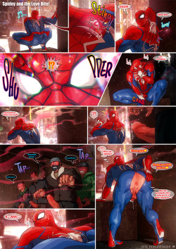 rokudenashi666:  Spidey and the Love Bite!Spidey’s short comic from this month’s pack&lt;3I love his legs and mask&lt;3&lt;3&lt;3(Textless version and high res version in Patreon!)