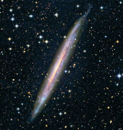    The Edge      Large spiral galaxy NGC 5907 lies edgewise to observers on Earth. A thin layer of brownish insterstellar dust lies within the galactic disk. Bluish areas in that disk show where massive stars form. The orange color of the central bulge
