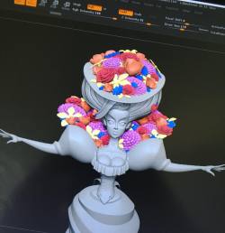 The model is pretty much done, Flowers and all! Now Texturing #textures #animation #3D #3dmodel #model #modeling #katrina #victorian #lamuerte #dayofthedead #flowers #lady #woman #zbrush #maya #pixologic #characterdesign #design #character #videogame