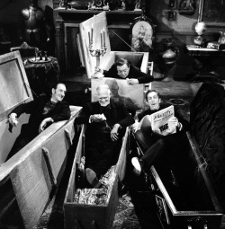 Basil Rathbone, Boris Karloff, Peter Lorre &amp; Vincent Price on the set of The Comedy of Terrors - 1964