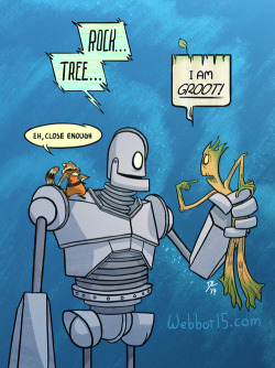 webbot15art:  The Iron Giant is meeting Groot and Rocket for the first time. It’s going okay… This is a print I’ve made to sell at Hal-Con this year. I’m sharing a table with @puffinmuffin and it’s gonna be awesome!…we should post a map
