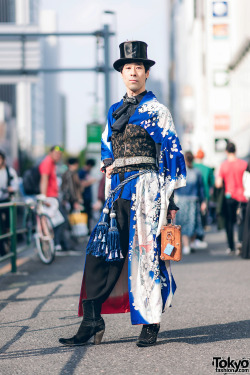 tokyo-fashion:  Karumu on the street in Harajuku wearing a vintage Japanese kimono with a ruffle top, lace corset, top hat, vintage briefcase, tassels belt, and New Rock cowboy boots. Full Look
