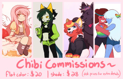 I’m going to be taking a small handful of chibi commissions because I need to help pay for food and a couple bills around the house ~Prices are for 1 character. I can do up to 2 (ask for prices). I can do certain extra details but prices will vary just