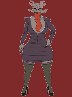 Principal Symthiss of Hellfire High.Derisively known as Principal Slimetits behind her back by the students due to her enormous tongue she can’t fully retract, leaving her breasts to be constantly coated in slobber.