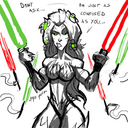 sabrerine911:  Wasnt sure what I wanted to do today(had a super tiring day) and I had around 40 minutes so I did this random ass thing.I did considering going full green for Ivy’s sabers but she has a lot of red in her colors as well,plus she’d fit
