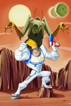 ronmcc:  Live With the Flow, Mama I said I was gonna turn Space Bravo into a full fledge illustration and look at that. To bad he’s too busy working on his looks than paying attention to that hungry looking familiar behind him.Johnny Bravo/Zorak ©