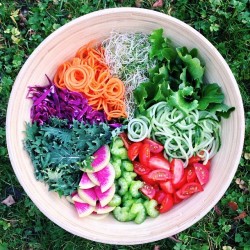 eat-to-thrive:  Rainbow salad bowl deliciousness! Baby kale, baby romaine lettuce, spiralized cucumber, celery, cabbage, spiralized carrots, watermelon radishes, cherry tomatoes, &amp; alfalfa sprouts. Added a sweet dressing made with blended pineapple,