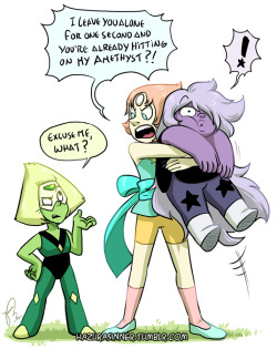 hazurasinner:     I want to see Pearl getting super jealous of her purple girlfriend becoming best buds with Peridot. Maybe she’ll finally realize how much Amethyst matters and cares about her.  ‘8B It was so fun to experiment and draw this in a