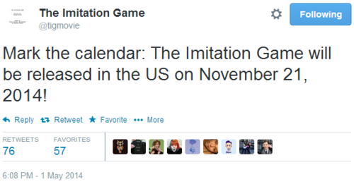 The Imitation Game is set for release on November 21, 2014 in the U.S.