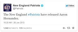 usatodaysports:  Patriots tweet release of Aaron Hernandez. The New England TE was put in handcuffs and taken out of his home into police custody Wednesday.