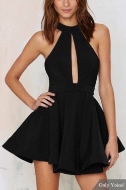 unescapable:  DRESSES!Black Halter Skater Dress   Black Lace-up Back Mini Dress Cross Strap Dress with Plunging Neck Hollow Out Cami Mini Dress in Black Get 15% discount with this code “yoinscollection&quot;