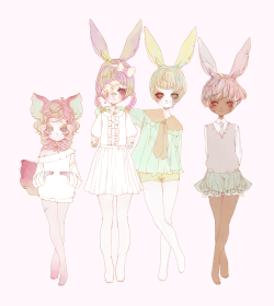 misspastelrabbit:  Here I present these cuties ocs cubs. Kittyboy, Bunnygirl, Rabbitboy and Bunnboy. ╲ʕ · ᴥ · ╲ʔ 