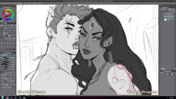 cinnabarbie: Zarya x Symmetra Pinup (Work In Progress) for “Pleasure Pinups Vol. 2″. Was recording the process for this image, but the damn recording software crashed once I finished the sketch. Ugh. So the video may end up just being lines and colors,