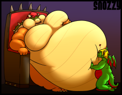 snozzhog:  Seems the corpulent koopa king needs some belly rubs! Luckily, Bendor  is here to provide just that! He’s got a lot of gut to cover, but with  hard work and determination, I’m sure he can get the job done.  This is the result of a YCH I