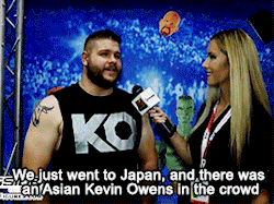 mithen-gifs-wrestling:  Kevin Owens on having people cosplay him.The image of wrestlers scoping the crowd for each other, spotting interesting people who deserve attention, and reporting back:  charming.The image of Brock Lesnar doing that for Kevin
