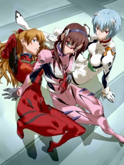 avshortbits:  Asuka, Mari &amp; Rei (Evangelion). Asuka has a lot to answer for on the ‘eyepatch moe’ front…