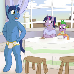 &ldquo;Good morning everyone,&rdquo; Crescent Sparkle greeted his family as he walked into the kitchen, also clad in last night&rsquo;s minimal sleepwear.  &ldquo;Shining got any breakfast left?, that oatmeal smells good,&rdquo; Cresent Sparkle inquired