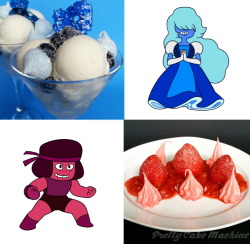 prettycakemachine: This week I’ve got two recipes for my Steven Universe series: Ruby and Sapphire! They are Sapphire’s Blueberry Quark Sundae &amp; Ruby’s Strawberry Pink Peppercorn Flambé! The recipes for both are here. 