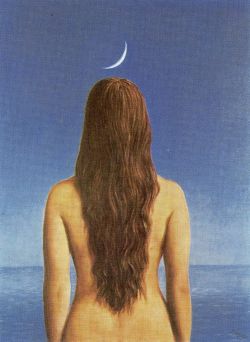surrealismart:  The evening gown Artist: Rene Magritte Completion Date: 1954 Place of Creation: Brussels, Belgium Style: Surrealism Period: Mature Period Genre: nude painting (nu) Technique: oil Material: canvas 