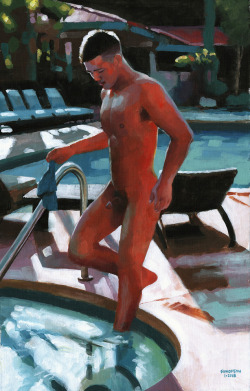 art4gays:  douglassimonson: Rob at the Hot Tub, acrylic painting by Douglas Simonson (2018). (This and many other artworks can be viewed and purchased on my website.)  Douglas Simonson website Simonson on Etsy Simonson on Fine Art America       (via