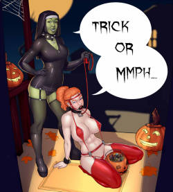 dmitrysfutadotcom:  wahafagart:    A halloween Picture for Roundscape Adorevia, featuring two companions from the game: Meredith and Ruksana. You can check out their game here! Like my stuff? Support my on Patreon!HFlink   Kinda saddens me that fellow