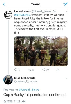 araniaart: defilerwyrm:  buckybarnes: wish i could breathe  fake spoiler and full penetration is NC-17 anyway but that still a lol  lol, that would be nice XDBut even the original Avengers movie was initially rated R before they trimmed down Coulson’s