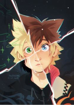 hawberries: how many halves make up a whole? [alt: a digital  portrait of a single face split into quarters with a white X. in each of  the quadrants, a different character is represented: ventus, sora,  roxas, and xion.] 