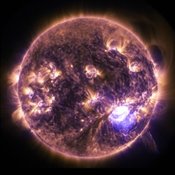 one-pixelle:  just—space:  NASAs Solar Dynamics Observatory captured this image of a significant solar flare as seen in the bright flash on the right on Dec. 19, 2014. The image shows a subset of extreme ultraviolet light that highlights the extremely