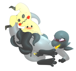 My new canon about mimikyuu being nothing but a black mass of tentacle goo under that costume that i borrowed from this pic! Also salandit becuase its one of my new favorites &gt;3&gt;.