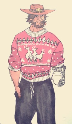 thehauntedumbrella:  vermillionsketcher:  gettin in that holiday spirit w ugly sweaters on a buncha boys i don’t usally draw!!! (((except lucio, his sweater plays music and he jams the fuck out to that shit)))  SWEET CHILDREN 