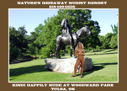 natures-hideaway:Nude Kindi at Woodward Park in Tulsa; Kindi dares to bare in a public park (Kindi loves being nude). Kindi says, “Simple nudity should not be illegal; God gave us nudity in the Garden of Eden and said ‘it was good’!”…we agree!