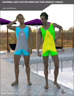 Add some new and modern styles to the Male Swim Suit. Included are 10 new designs, 16 base color styles, 5 options for the Lycra look and 3 morphs (bulge and folds). Ready for Genesis 3 Males, Daz Studio 4.9  AND is 27% off until 5/31/2017! Add On For