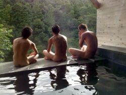nakedonsenguys:  This is a great photo. There’s nothing better than getting to relax naked with your buddies at a hot spring in the mountains. I wonder what they’re talking about. 