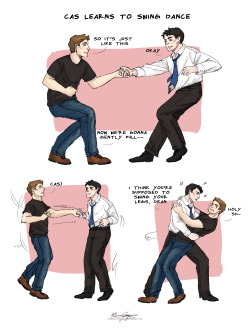 once-upon-a-time-the-end:   myjamflavouredmindtardis asked you: …I love your drawings of Dean and Cas slow dancing and I was wondering if you could maybe draw them swing dancing like in the 50s?  Let’s see what our judges think:  