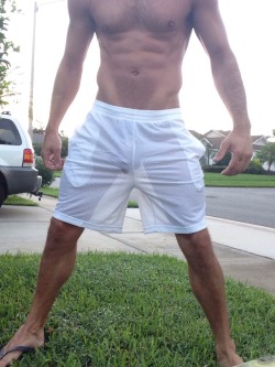 exposedhotguys:  Showing off my new mesh shorts with the liner cut out to my neighbors this morning!  exposedhotguys.tumblr.com