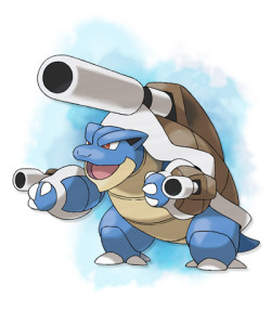 thestuffiliketopost:  Mega Blastoise The two rocket launchers on Blastoise’s shoulders turn into a single huge cannon when it Mega Evolves into Mega Blastoise. This cannon boasts a blast range so great that it can strike targets more than six miles