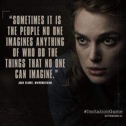   The Imitation Game @ImitationGame · 2h   Heroes change the equation. #KeiraKnightley is mathematician Joan Clarke in The #ImitationGame.  