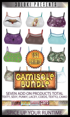 A bundle of Loki&rsquo;s Camisole texture packs for disordercode&rsquo;s S Show II for V4 &amp; S Show II for V6 have just been release today! 153 unique tops in all! Just to name a few we&rsquo;ve got Texty, Sexy, and Punky camisole sets. Click the link