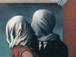 aestheticsandabominations:  The Lovers- René Magritte, 1928 “Frustrated desires are a common theme in René Magritte’s work. Here, a barrier of fabric prevents the intimate embrace between two lovers, transforming an act of passion into one of isolation